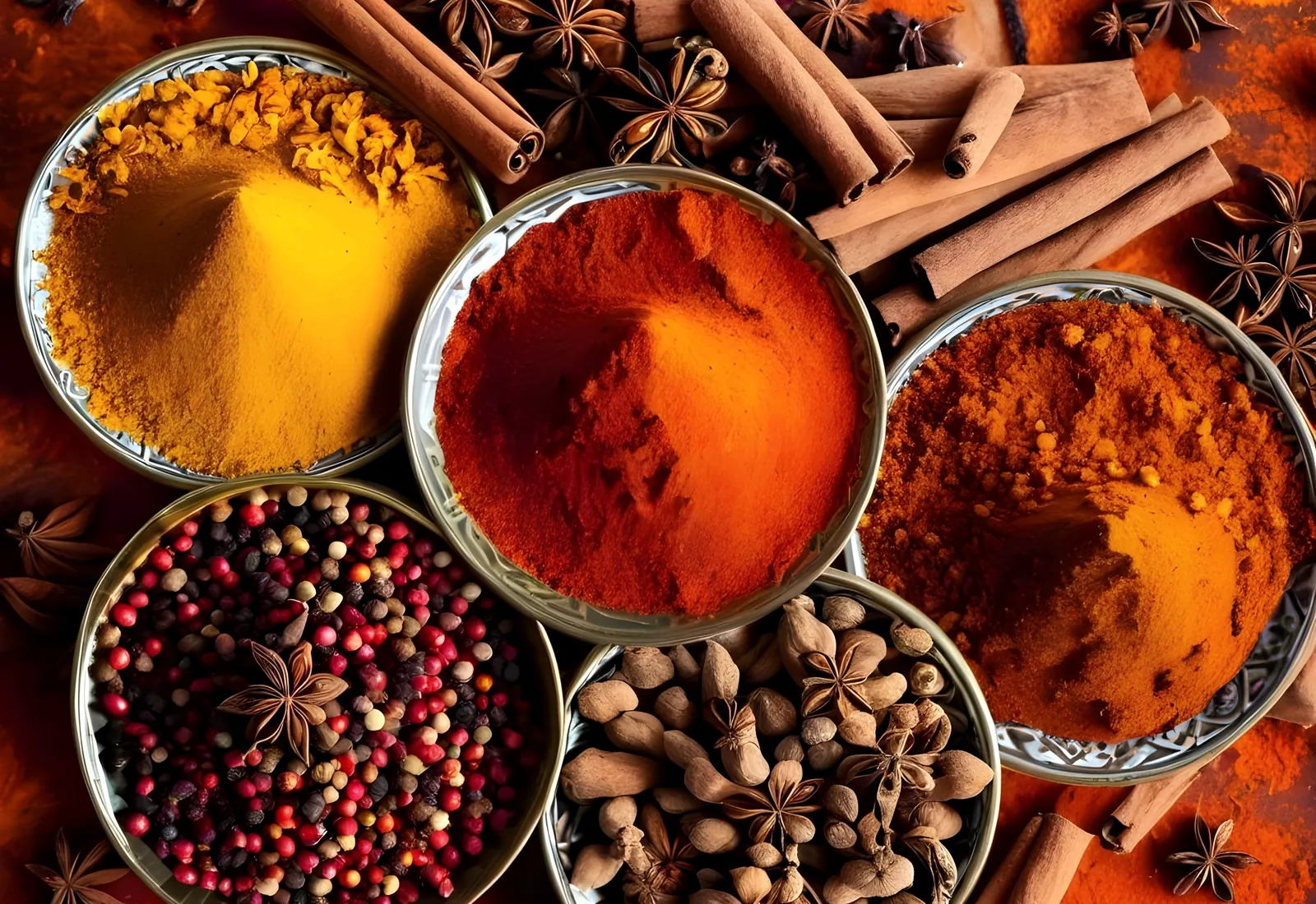 Warm display of spices and whole ingredients